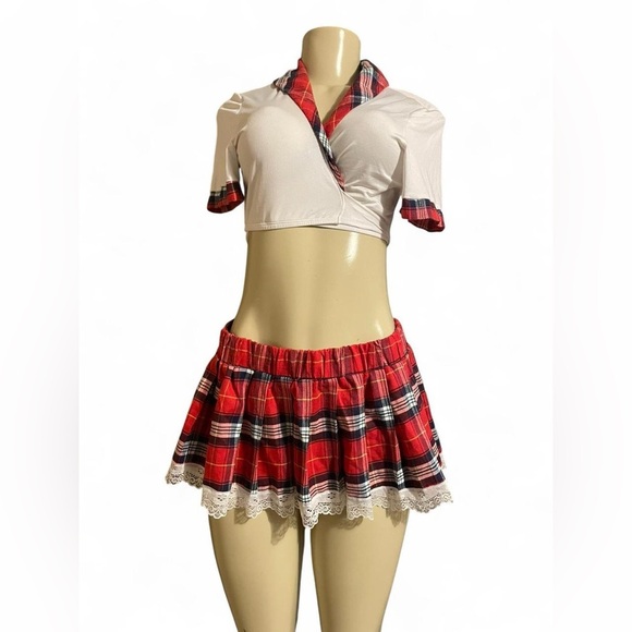 Plaid Red Mini Skirt with Lace Trim - Picture 1 of 2
